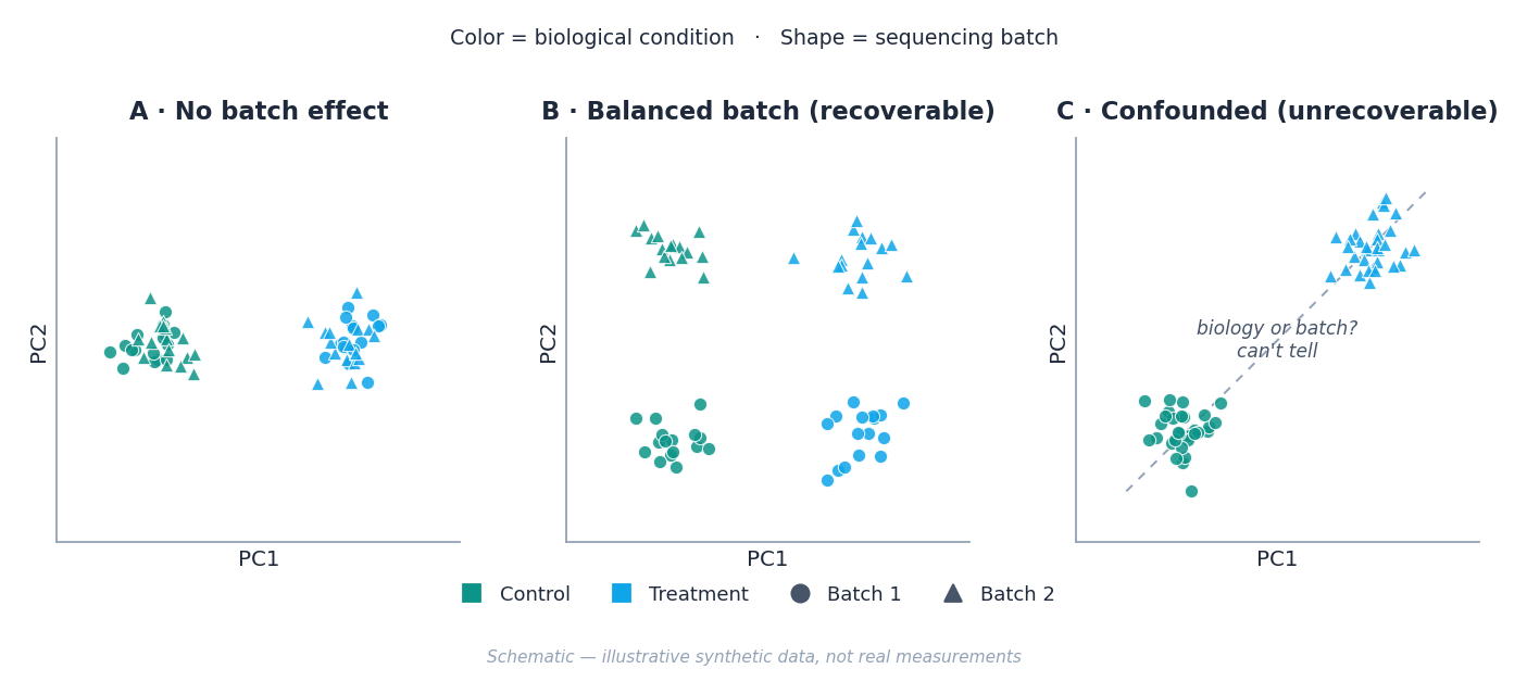 Three-panel PCA schematic. Panel A: samples separate by condition with the two sequencing batches intermixed. Panel B: a batch shift is present but both conditions appear in both batches, so batch is orthogonal to biology and can be modeled out. Panel C: every control is in batch one and every treatment in batch two, so the condition difference and the batch difference fall on the same axis and cannot be told apart.