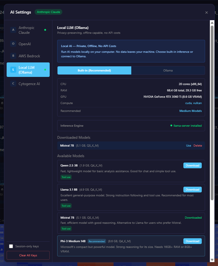 Cytogence FCS AI settings — choosing a local, offline LLM (Ollama) with automatic hardware detection and a catalog of downloadable models, alongside cloud provider options